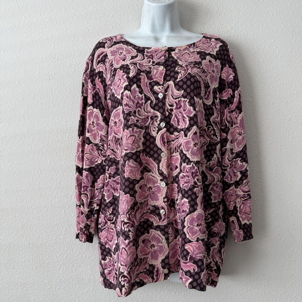 Vtg Coldwater Creek Floral Cardigan Sweater 1X Pink Purple Whimsigoth Grannycore
